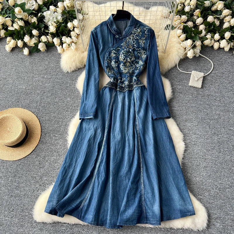 Autumn American Denim High Quality Cotton Retro Women's Embroidered Pan Button Cowboy Dress Fashion Waist Cowboy Skirt Look Thin