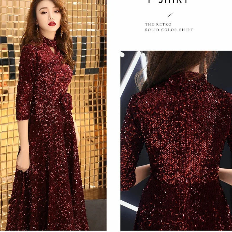 It's YiiYa Evening Dress Dark Wine Red Sequins Plus Size Three Quarter Sleeve Women Party Formal Gown vestidos de fiesta LF081