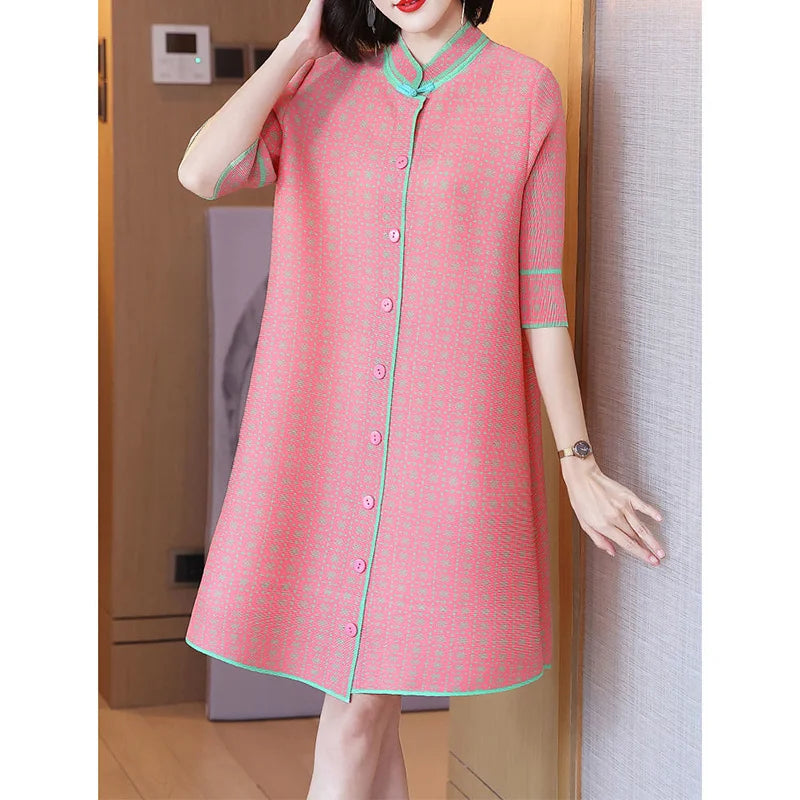 spring summer stand collar simple fashion pleated mini dress female 3/4 sleeve elegant robe women temperament buttons vestidos