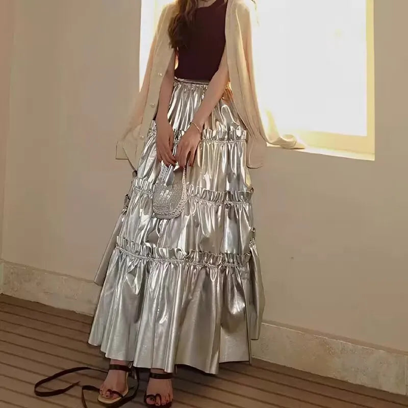 Spring Autumn Fairy Sliver Ruffled Pu Leather Midi Tiered Skirt Women High Waist Long Luxury Designer Clothes 2024