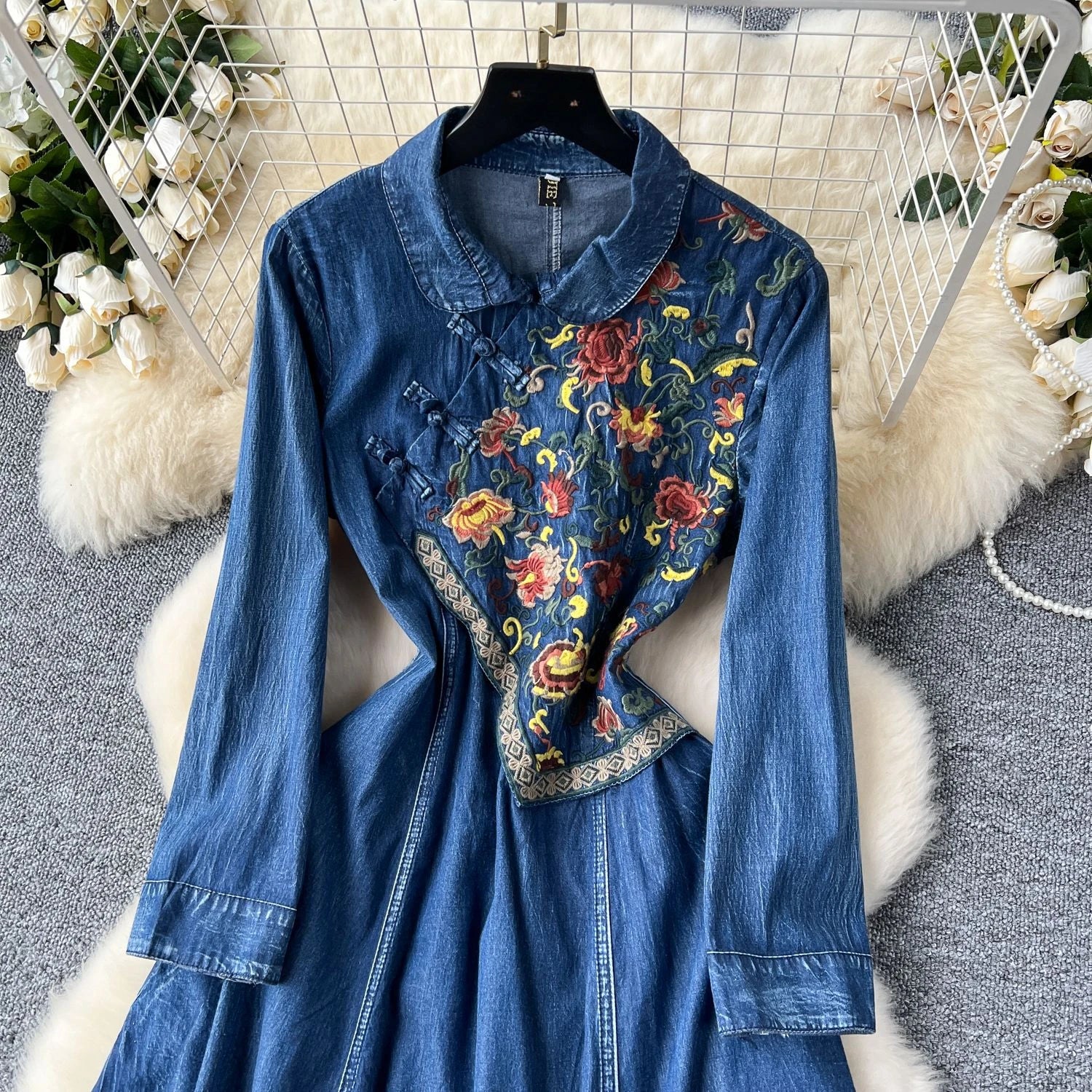 Autumn American Denim High Quality Cotton Retro Women's Embroidered Pan Button Cowboy Dress Fashion Waist Cowboy Skirt Look Thin