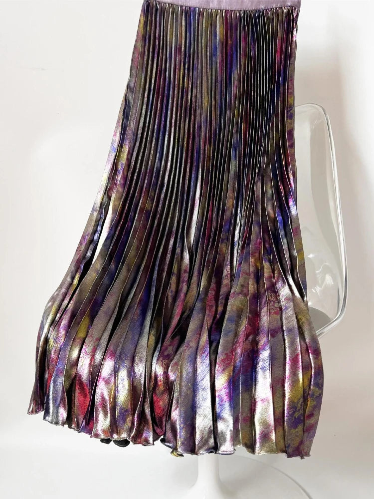 Shiny  Iridescent Colorful Luxury High Waist Women Midi Skirt Elastic Waistband Pleated SKirt