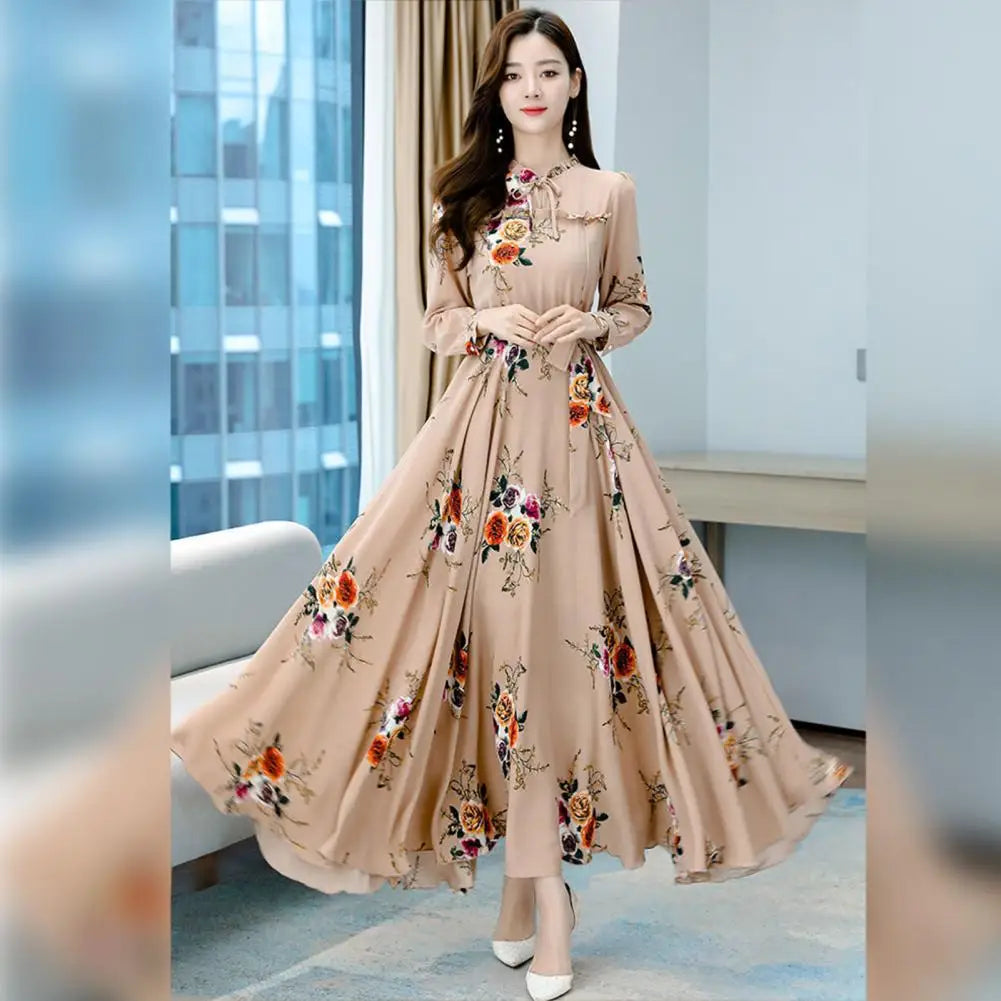 Flower Print Women Spring Maxi Dress Shirring Edge Temperament Tight Waist Long Dress Charming Full Length Office Lady Dresses