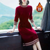 2024 New Year Red Fleece Lace Up Elegant Party Dresses for Women Winter Fashion Patchwork Long Sleeve Midi Dress Slim Vestidos