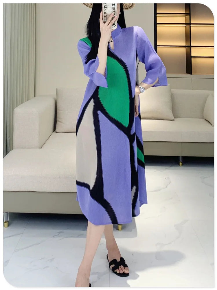 Miyake Pleated Dress Women's 2024 Early Autumn Fashion Striped Print Loose Stand-up Collar Mid-sleeve Elegant Mid-length Skirt