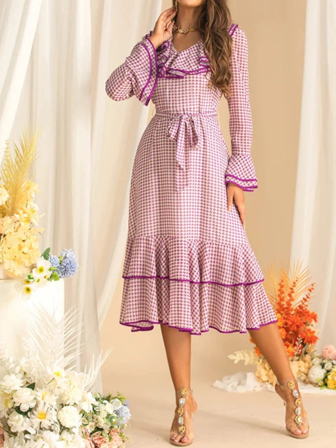 Women's Elegant Purple Plaid Dress Flare Sleeved Ruffles Lace Up Dress