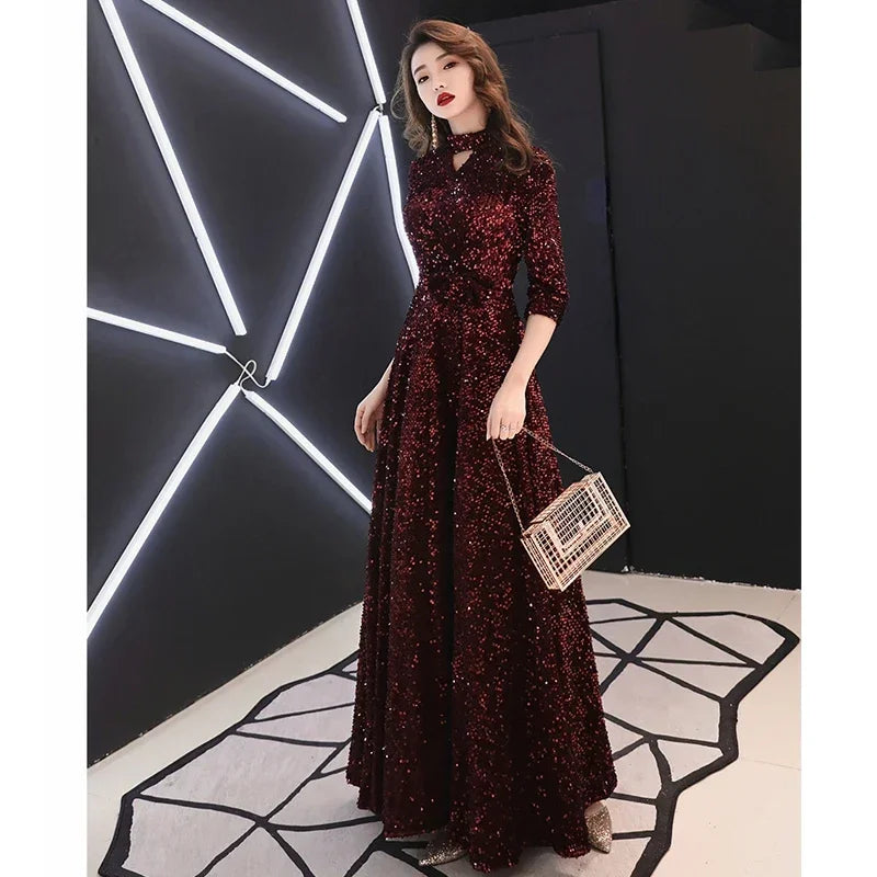 It's YiiYa Evening Dress Dark Wine Red Sequins Plus Size Three Quarter Sleeve Women Party Formal Gown vestidos de fiesta LF081