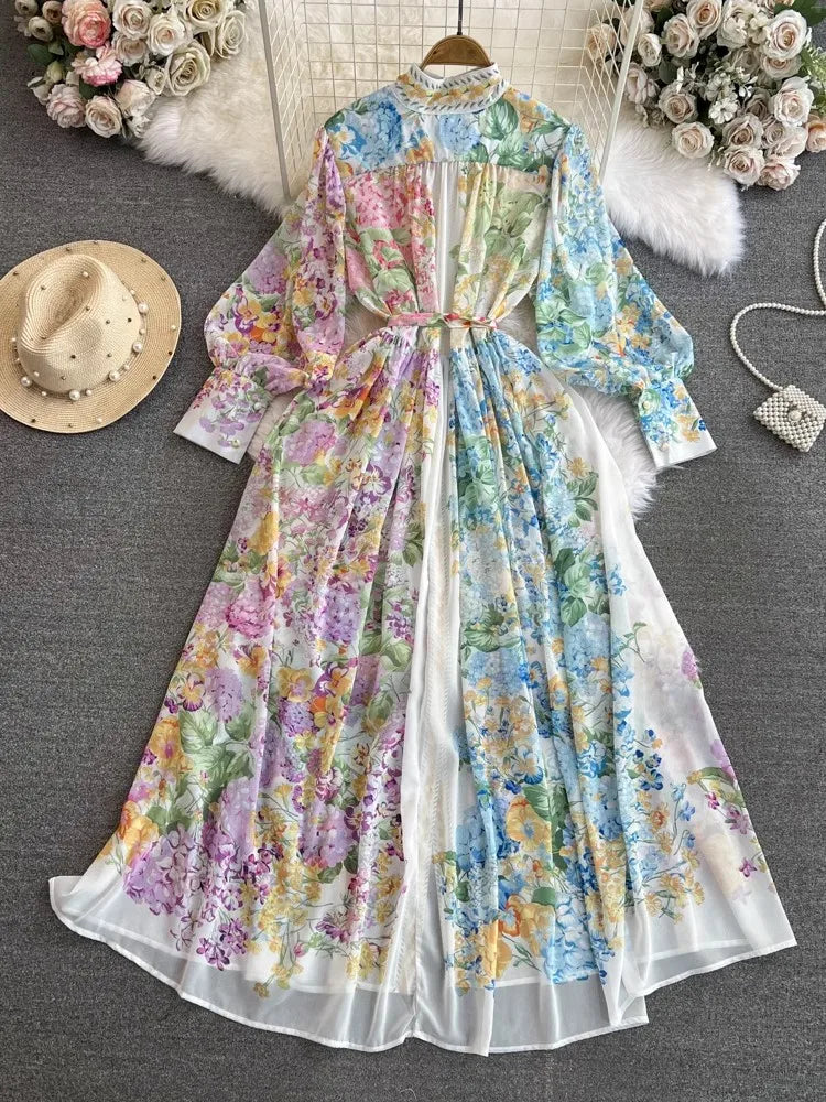 2024 Fashion Bohemain Flower Maxi Dress Women's Stand Long Lantern Sleeve Single Breasted Floral Print Lace Up Loose Boho Robe