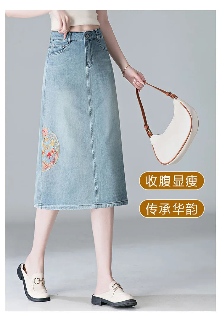 Embroidery High Waist A-line Denim Skirt  Women Elegant Chic Slim Fit Plus Size Midi Skirts