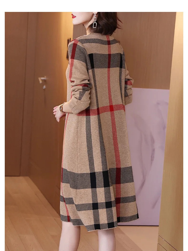 Winter Women's Wool Knitted Dress Striped Half High Collar Vintage Fashion Thick Sweater Style Female Clothing