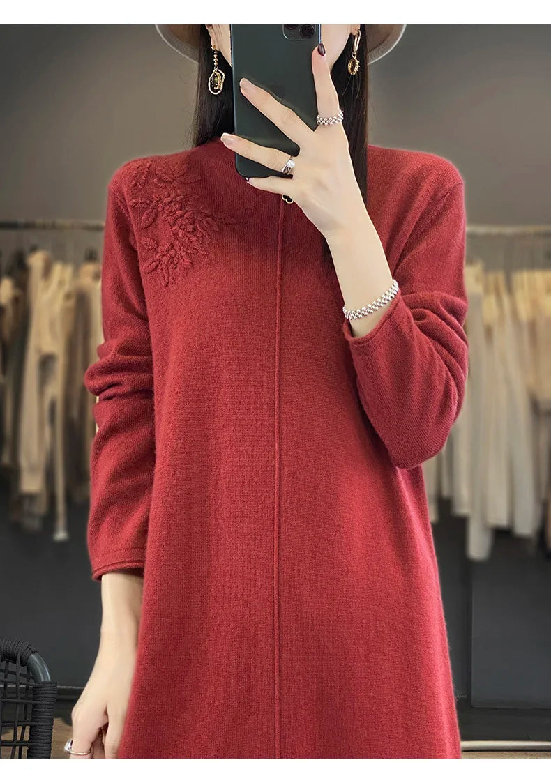 Women's Long Dresses 100% Cashmere and Wool Knit Jumpers, Lady Pullovers,