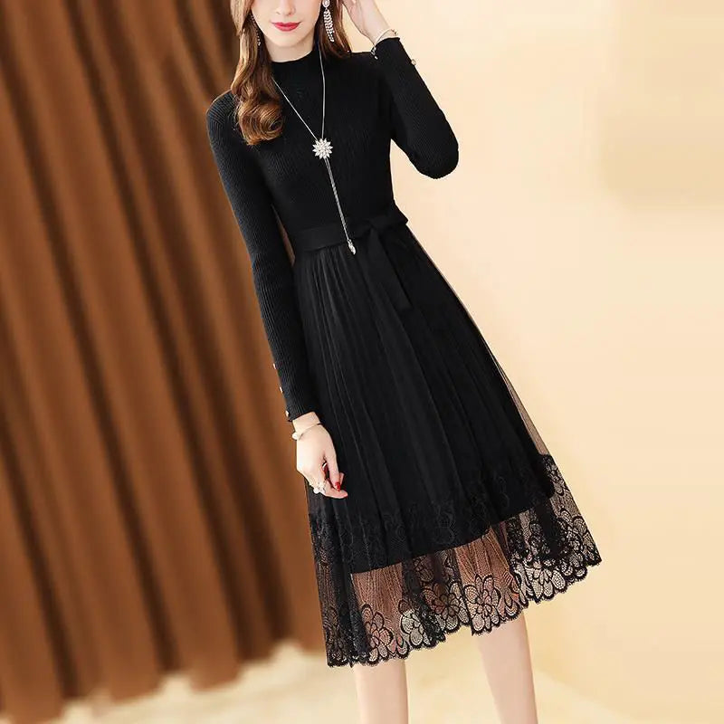 Elegant Stand Collar Spliced Gauze Lace Bandage Ladies Dresses Women's Clothing 2023 Autumn Winter Loose Office Lady Midi Dress