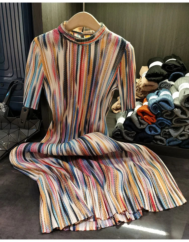 Miyake Colorful Striped Half-high Neck Short-sleeved Pleated Dress Loose Thin A-line Dress Women 2023 New Clothing