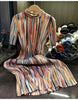 Miyake Colorful Striped Half-high Neck Short-sleeved Pleated Dress Loose Thin A-line Dress Women 2023 New Clothing