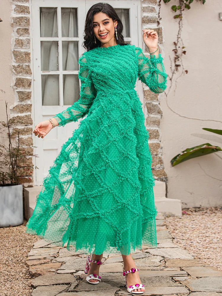 LD LINDA DELLA Fashion Runway Summer Dresses Women Long Sleeve Polka dot Mesh Green Elegant Long Party Dress