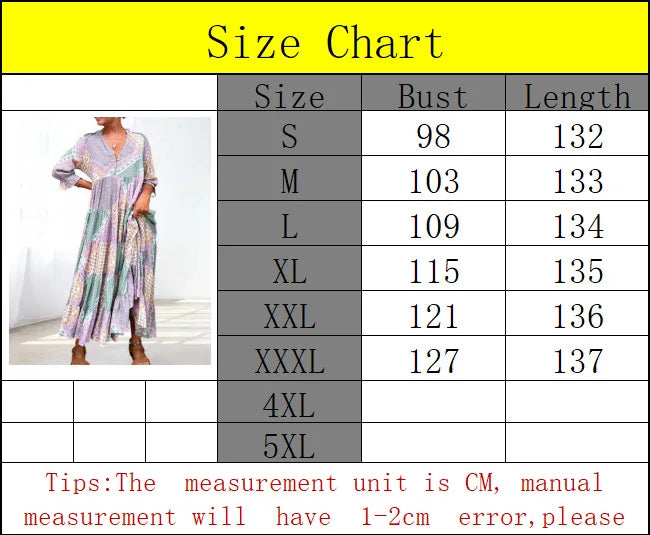 Spring Autumn Half Sleeve V-Neck Loose Dress For Women Fashion Casual Printing Patchwork Beach Maxi Dresses Wome's Vestidos