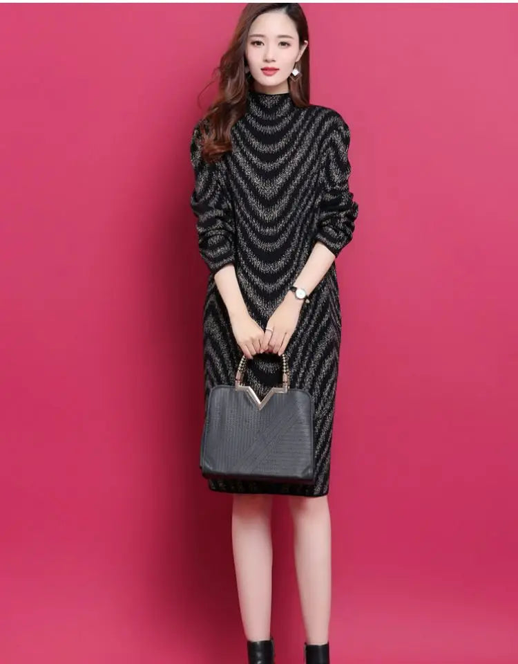 Women Fashion Elegant Striped Fleece Thick Basic Midi Dress Casual Half High Collar Long Sleeve Loose Dresses