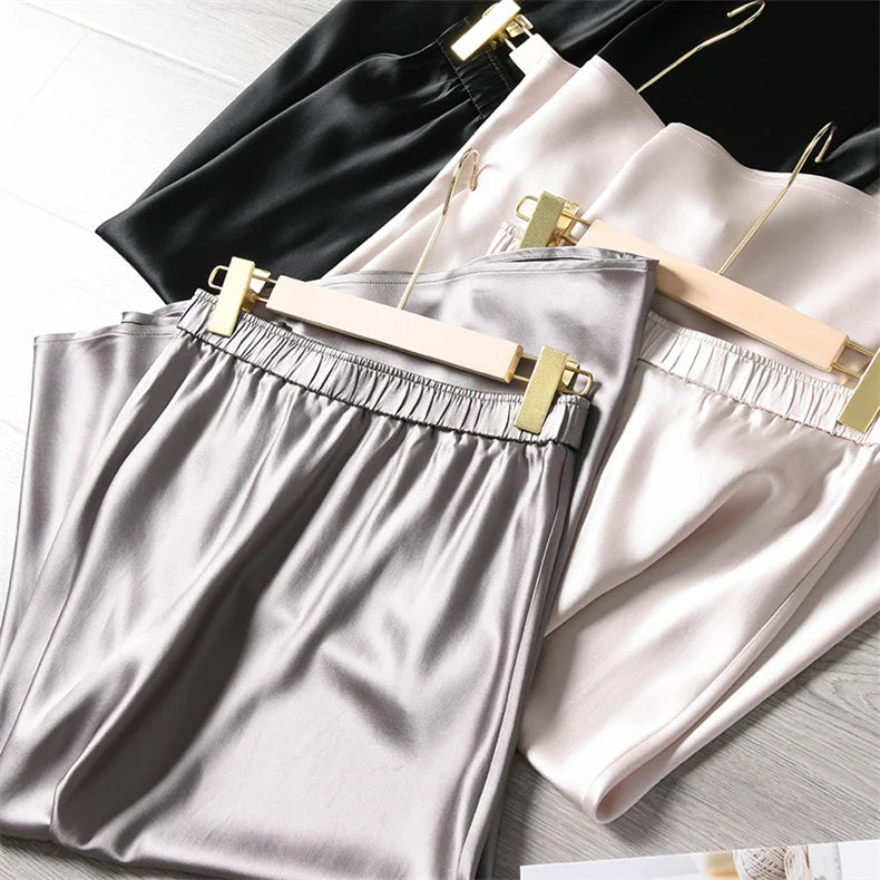 2024 Summer Elegant Ladies Club Maxi Skirt Korean Style Elastic Waist Satin Silk Skirts for Womans Plus Size Solid Skirt 6XL 7XL