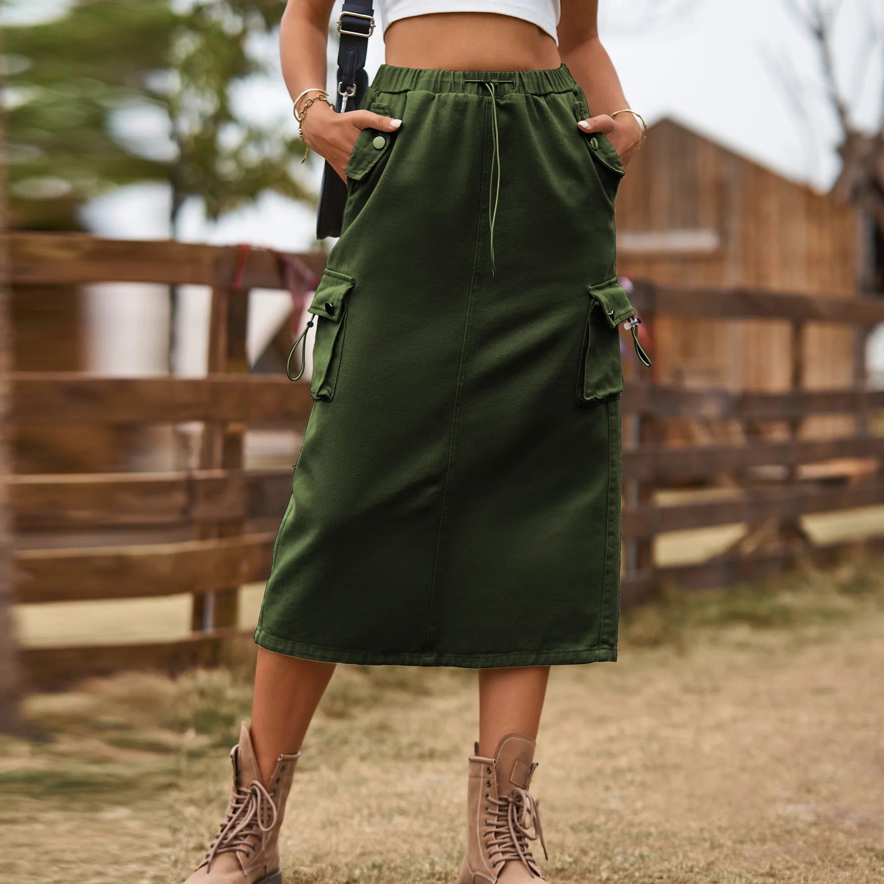 Denim Midi Skirts Women Cargo Hipster Vintage Loose Hot Girls Fashion Half Dress With Pockets Streetwear Back-slit Drawstring