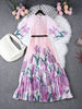 Floral Print Pleated Fashion Dress Women Round Neck Belt Loose Long Dresses