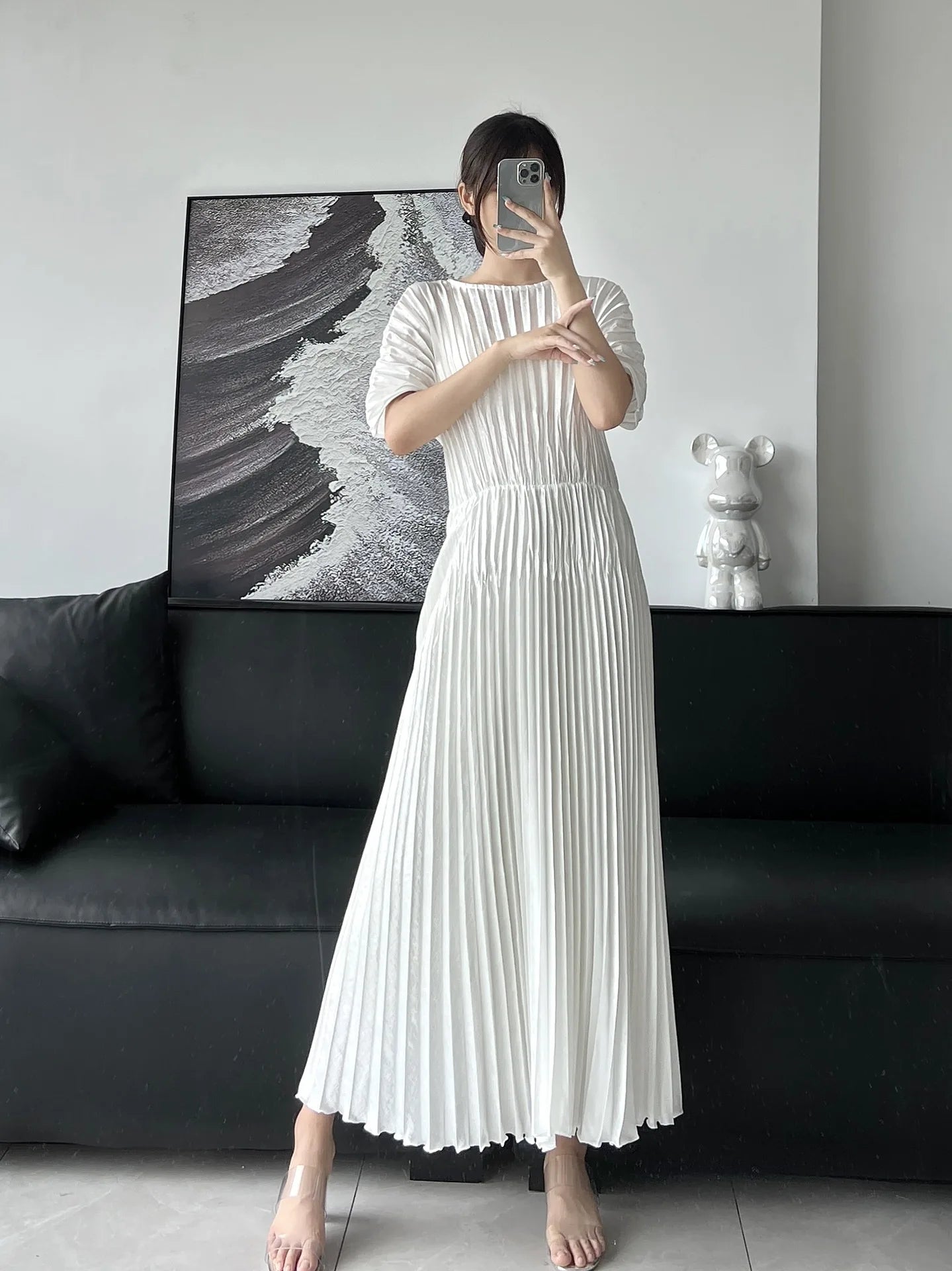 Pleated Butterfly Sleeve Solid Color Elegant Slim Women's Dress Printed Fashion Temperament Dress 2024 Summer New