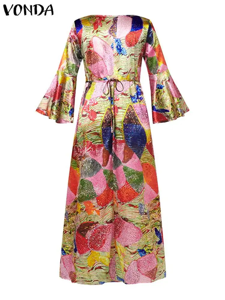 Women Elegant Maxi Dress 2024 Autumn Long Flare Sleeve Dresses VONDA Casual Printed Long Shirt Sundress Party Vestidos