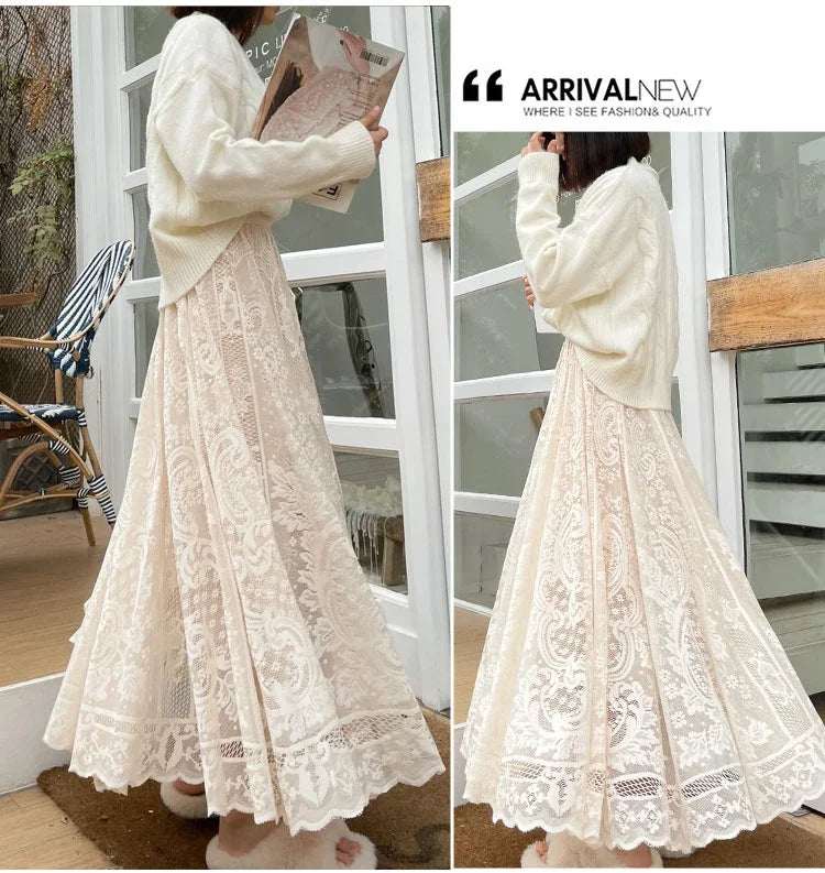 Vintage Women's Lace Crochet Umbrella Long Skirts Bohemian High Waist Hollow Out Female Maxi Skirts Spring Summer