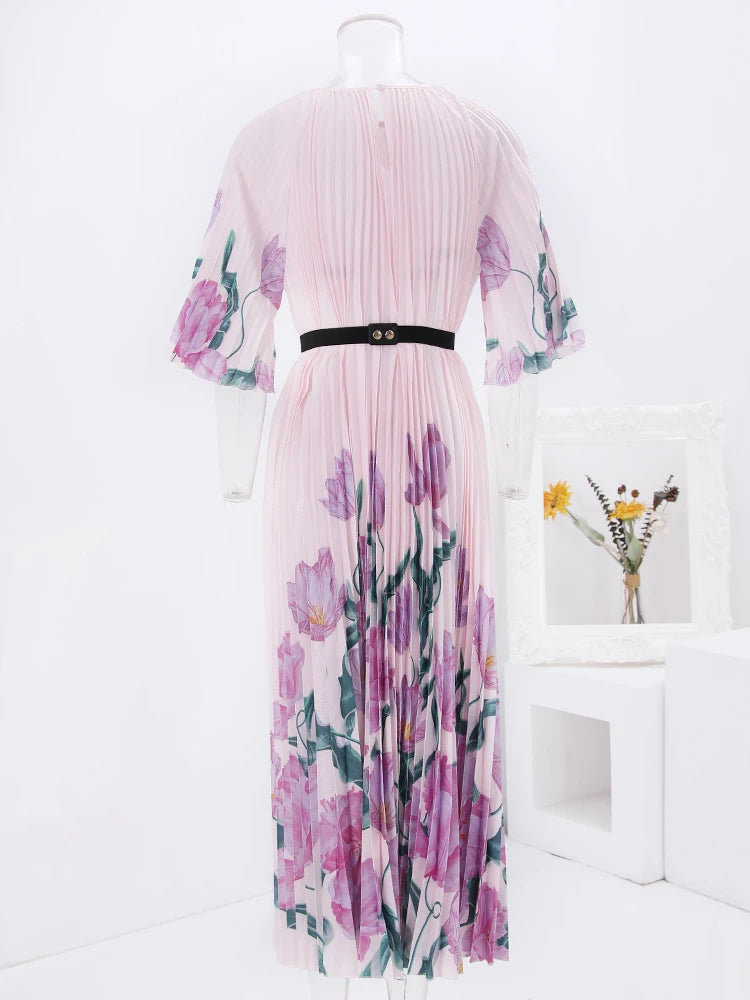 Floral Print Pleated Fashion Dress Women Round Neck Belt Loose Long Dresses