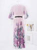 Floral Print Pleated Fashion Dress Women Round Neck Belt Loose Long Dresses