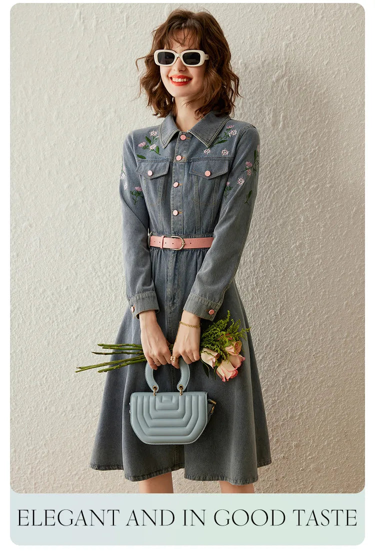 LOUIS YAO Women Denim Skirt Embroider Dress 2023 Autumn Polo Neck Sweet Half-placket Washed Denim Mid-length Skirt for Women