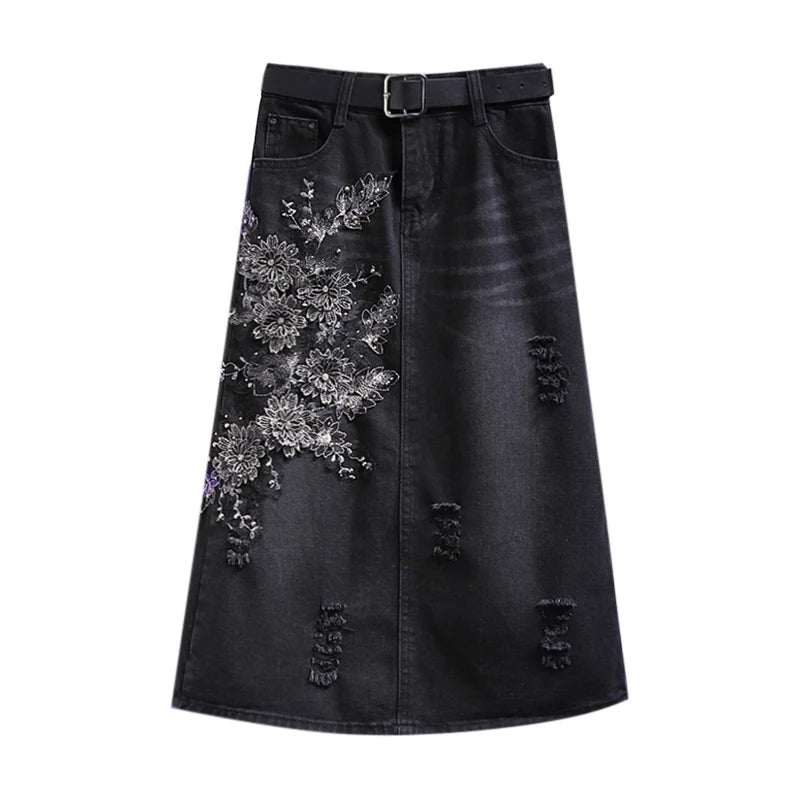 Stylish Denim Skirt,For Women's Clothes,Spring Autumn Casual Embroidered Floral High Waist Wrapped Hip Jeans Skirts