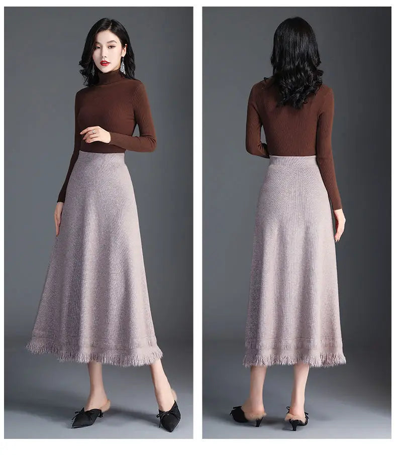 Autumn Winter New Women Long High Waist A-line Skirts Female Loose Big Swing Skirts Ladies Solid Color Knitted Skirt