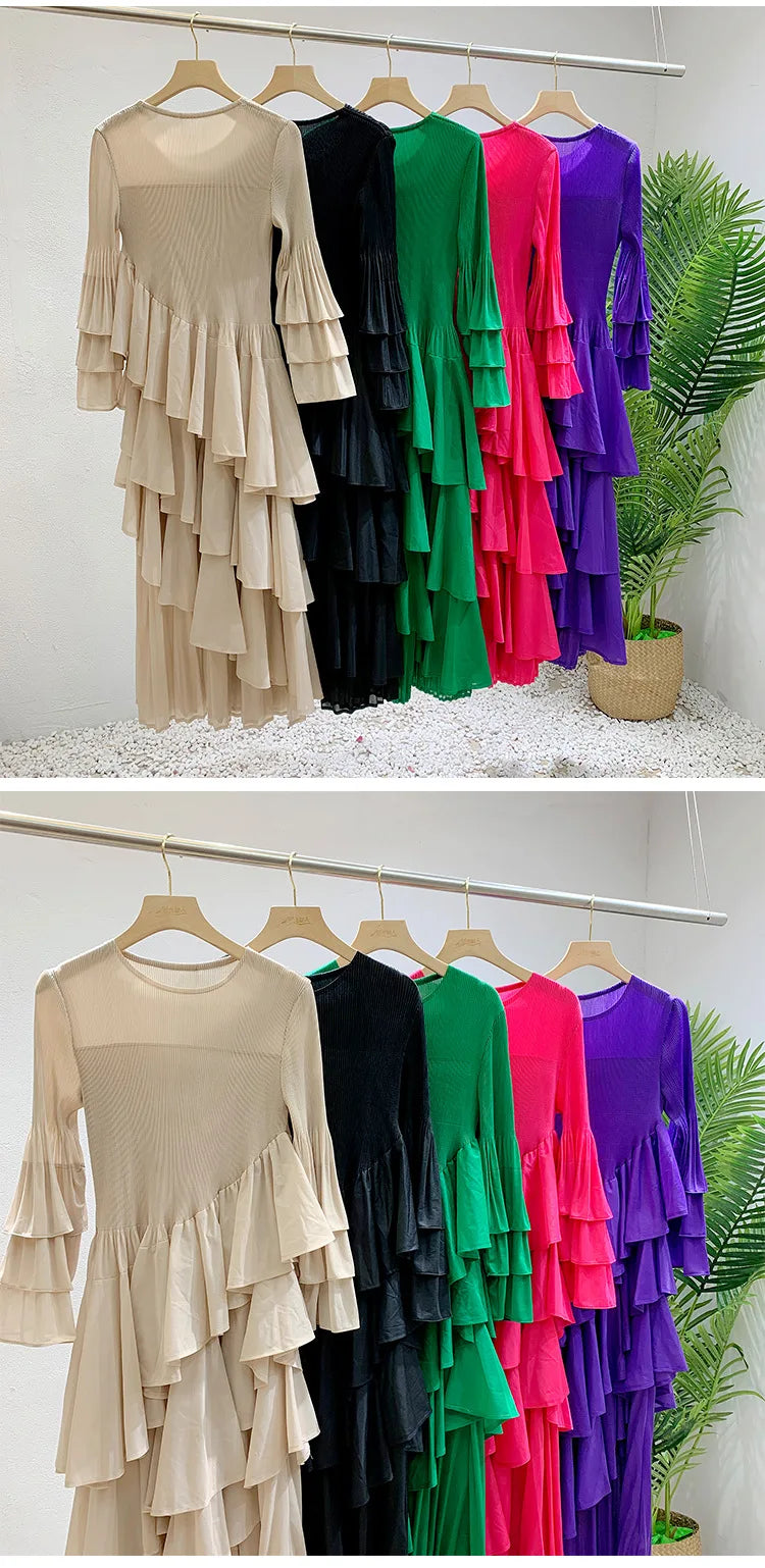 Miyake Spring 2024 Ruffles Pleated Dress Women Long Sleeves Fashion Solid Color High Waist Stitching Dresses Party Clothing New