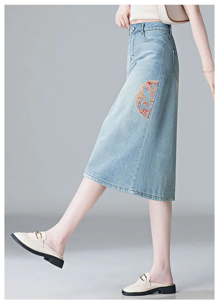 Embroidery High Waist A-line Denim Skirt  Women Elegant Chic Slim Fit Plus Size Midi Skirts