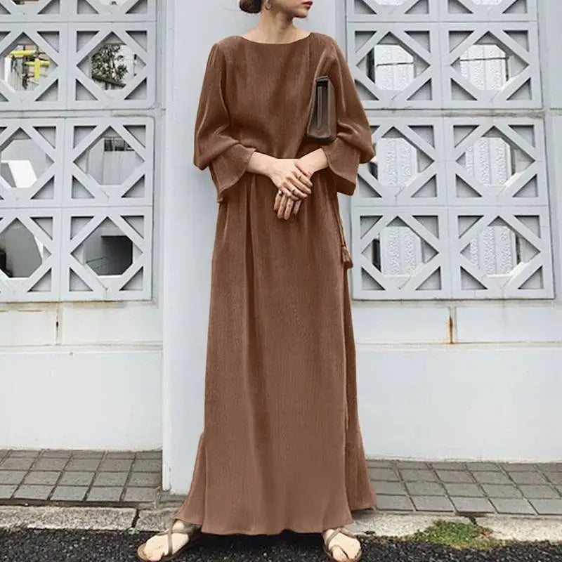 ZANZEA Elegant Fashion Women Maxi Sundress 2024 Autumn Long Dress Casual Pleated Long Sleeve Solid Color Party Vestidos Robe