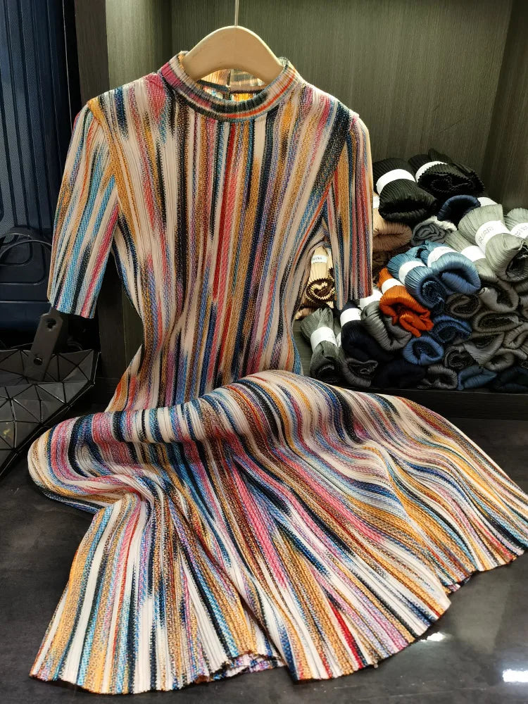 Miyake Colorful Striped Half-high Neck Short-sleeved Pleated Dress Loose Thin A-line Dress Women 2023 New Clothing