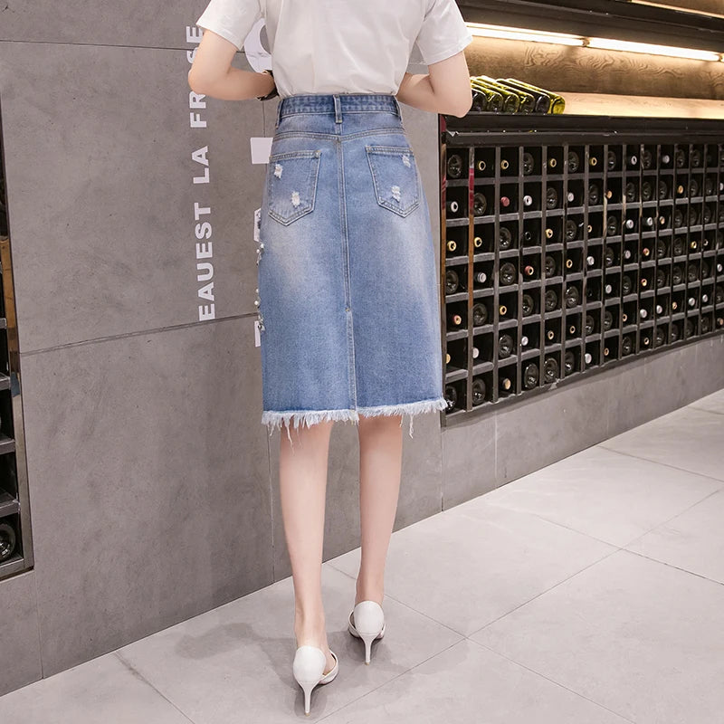 Summer Retro Ripped Hole Embroidered Denim Skirt Female Loose High Waist Three-Dimensional Flower Bag Hip Mid Skirt Women 2023