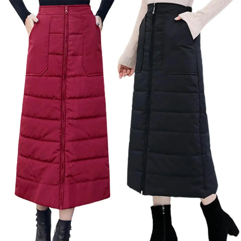 Korean Winter Women Down Skirt Thick Padded High Waist Zipper Windproof Ankle Length Lady Maxi Skirt