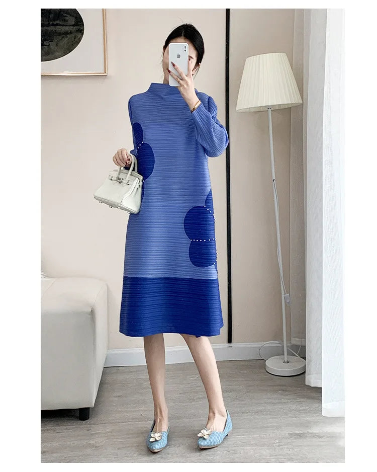 Pleats Original Pleated Color Blocking French Long-sleeved Dress Spring Autumn Women 2023 Temperament Women's Beaded Loose Skirt