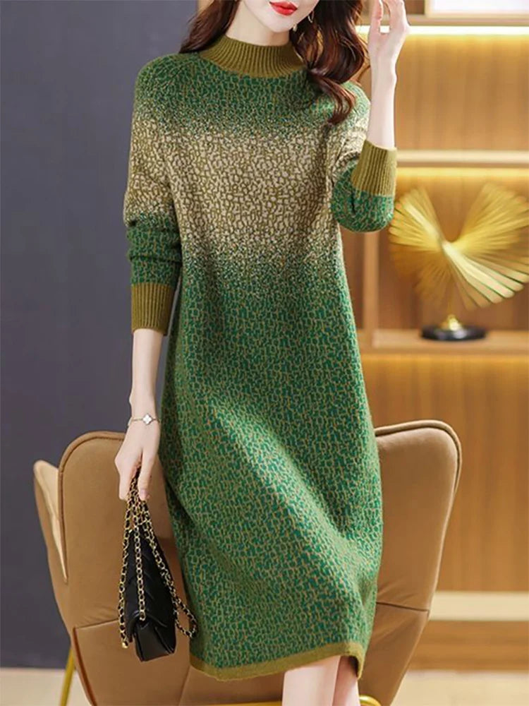 Elegant Stand Collar All-match Gradient Knitted Dress Women's Clothing