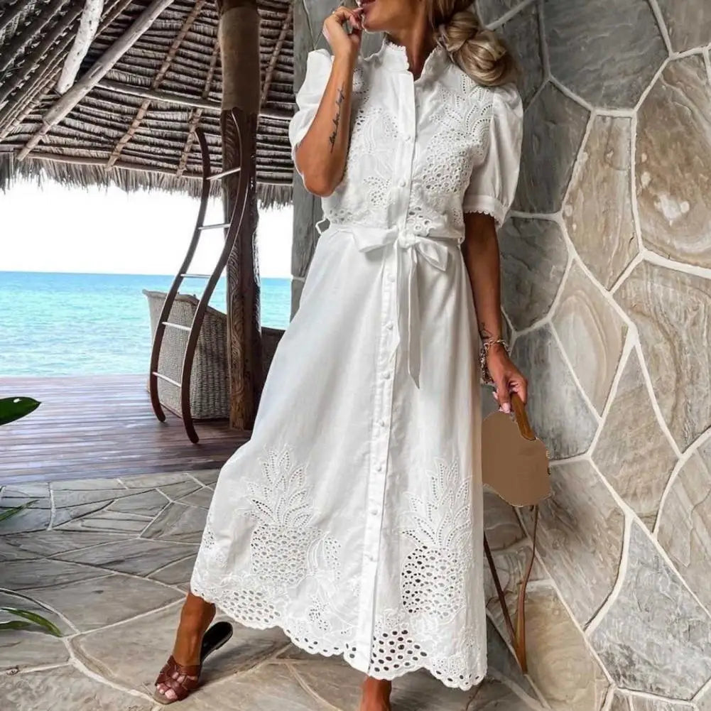 Lace-up Women Shirt Dress 2024 Summer Elegant Single Breasted Puff Sleeve Maxi Dress Vestidos Bohemian Sundress Party Robe