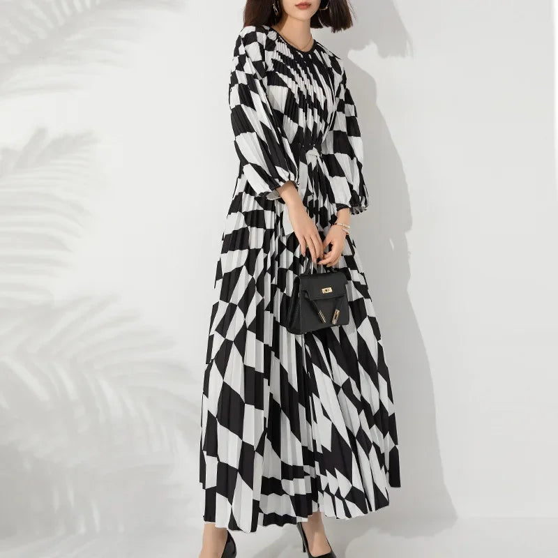 Pleated Maxi Long Dress Fashion Printed Long Sleeved O-Neck Pullover Waist Retraction Dresses for Women