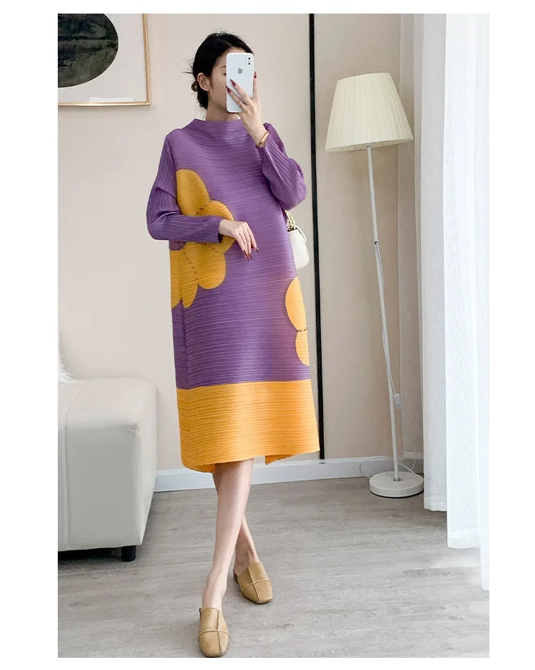 Pleats Original Pleated Color Blocking French Long-sleeved Dress Spring Autumn Women 2023 Temperament Women's Beaded Loose Skirt