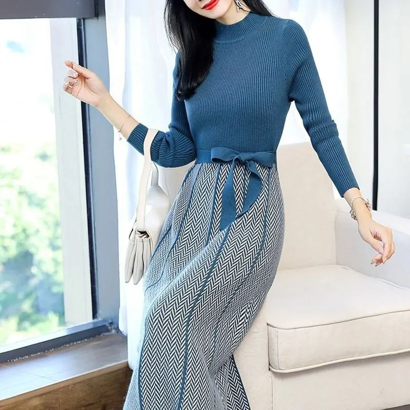 Vintage Spliced Knitted Midi Dress Autumn Winter Casual Half High Collar Female Clothing Elegant Waist Drawstring Bow Dresses