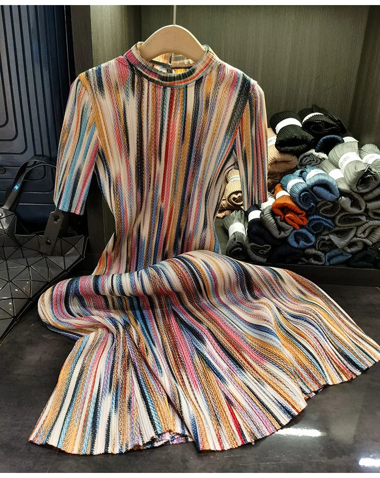 Miyake Colorful Striped Half-high Neck Short-sleeved Pleated Dress Loose Thin A-line Dress Women 2023 New Clothing