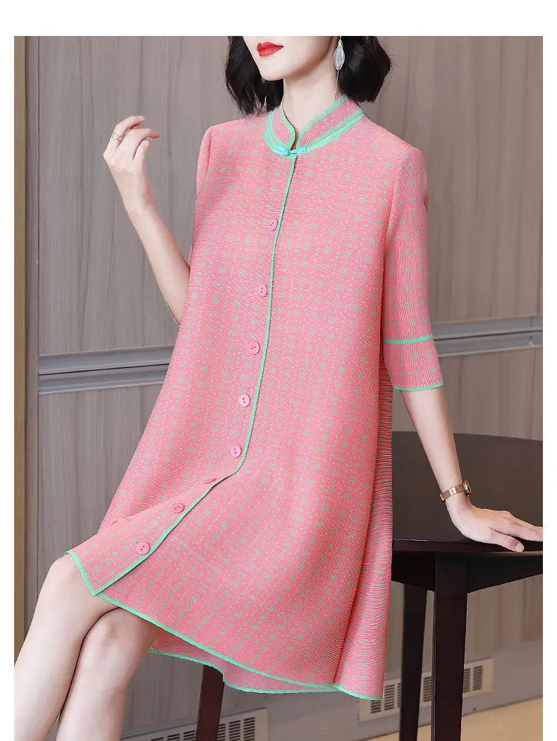 spring summer stand collar simple fashion pleated mini dress female 3/4 sleeve elegant robe women temperament buttons vestidos