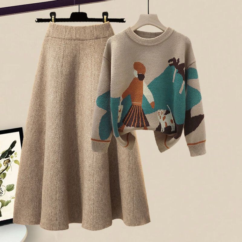 Winter New Cartoon Printed Knitted Sweater Pullover Slim Fit Knitted Skirt Two Piece Elegant Women's Party Dress