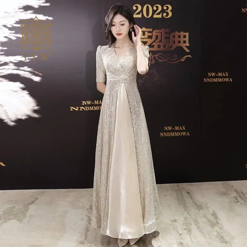 Sliver Bling Luxury Evening Women Dress V Neck Graduation Party Ball Gown Formal Banquet Ceremony Long Female Gala Robe Dresses