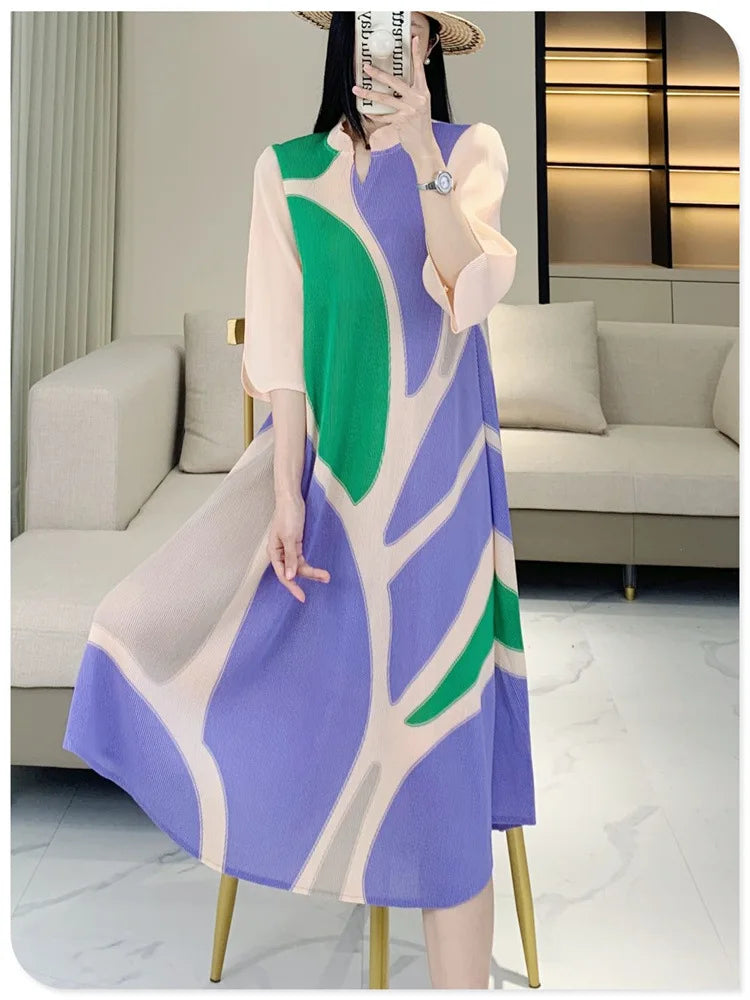 Miyake Pleated Dress Women's 2024 Early Autumn Fashion Striped Print Loose Stand-up Collar Mid-sleeve Elegant Mid-length Skirt