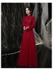 Wine Red Dress Women Spring Autumn New Solid Color Stand Collar Applique Sequins Long Sleeve A-line Skirt Female Clothing M271